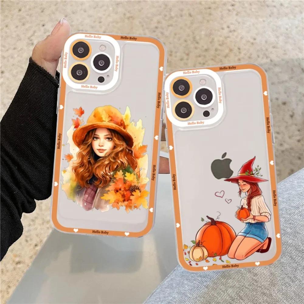 Happy Autumn Girl Pumpkin Fall Phone Case For IPhone 15 11 12 13 14 Mini Pro Max XR X XS TPU Clear Case
