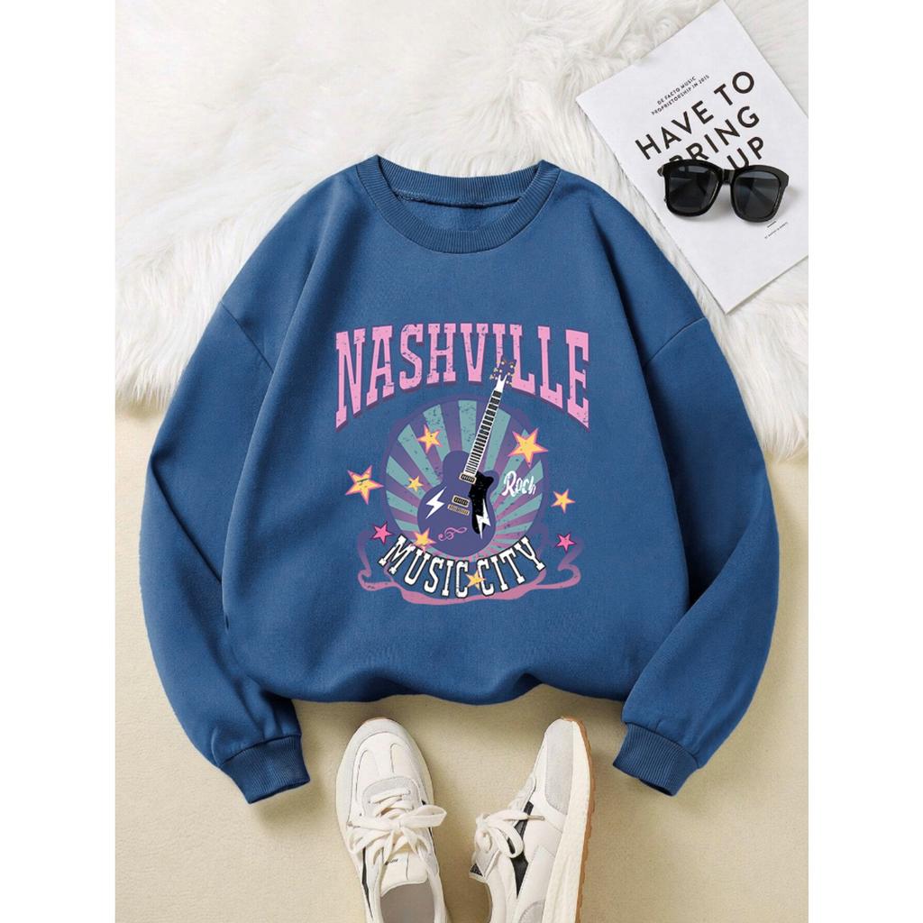 Street Woman Pullover Nashville Music Cith Poster Printing Hoodie Crewneck Loose Fleece Soft Sweatshirt Autumn Female Clothes