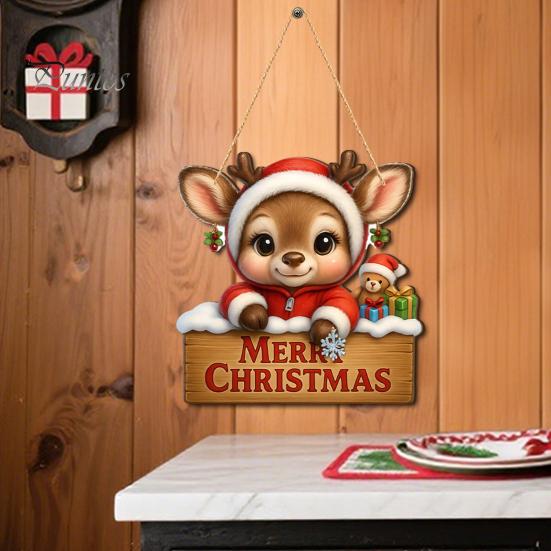 Festive Cartoon Santa Deer Ornaments Christmas Wooden Pendant, Decorative Reindeer/Santa Claus/Gnome Pattern Hanging Sign, Welcome Sign with Childlike
