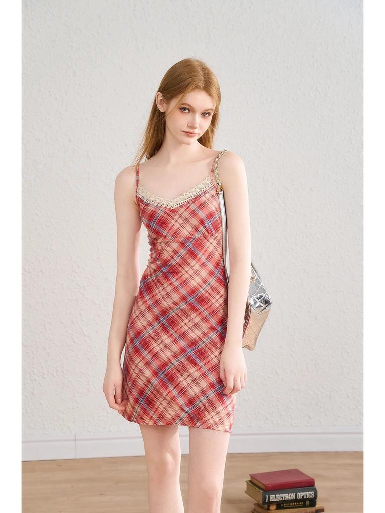 Women's Summer Plaid Mesh A-line Dress with Lace Trim and Spaghetti Straps
