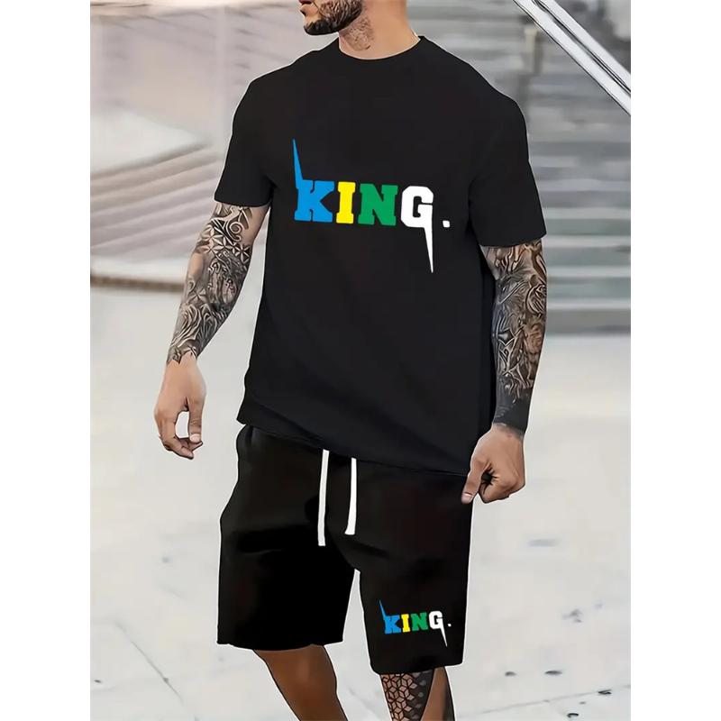 2024 New Summer Shorts Short Sleeve 2 Pieces Fashion Everyday Suit King Letter Print T-Shirt Suit Outdoor Streetwear Sports Suit