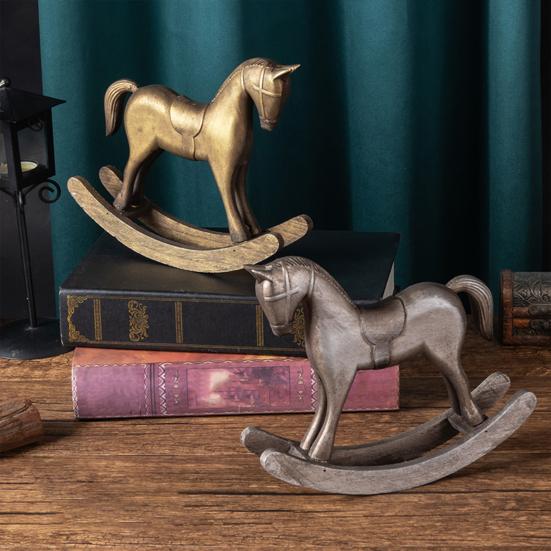 Wood Carving Rocking Horse Figurine Vintage Miniature Rocking Horse Statue Home Office Living Room Desktop Decoration Ornament