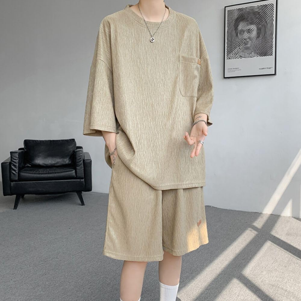 Aaronlive Short Sleeve and Short Pants Summer Plus Sizes and Cool Khaki Size M Men's T-Shirt Set, Wear, Available, Casual, Stylish, Breathable,