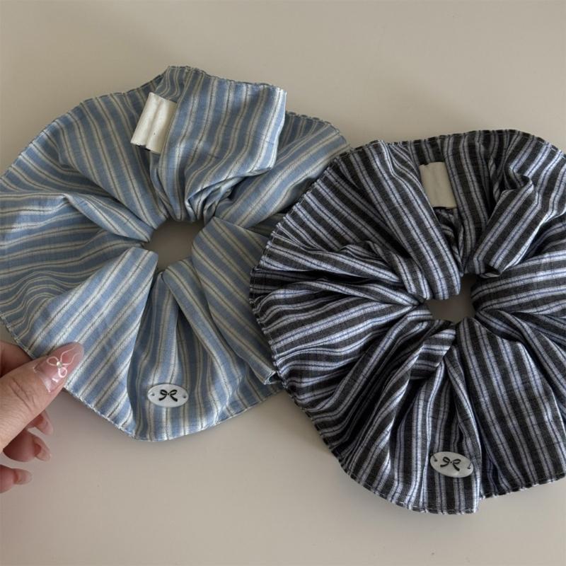 Blue Stripe Bows Scrunchie Hair Tie Soft Fabric Lightweight Hair Accessory For Women Girls Casual Sports Occasion