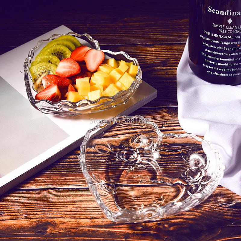 Transparent Heart Shape Rose Glass Fruit Dish Tray Floral Engraving Nuts Salad Bowl Snack Dishes Plate Tableware for Lovers