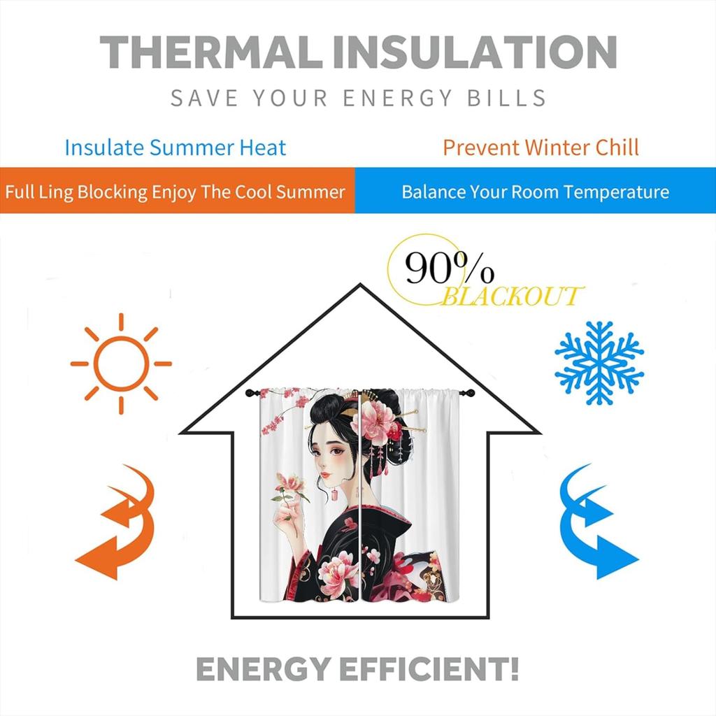 Japanese Geisha Blackout Curtains for Boys Girl Bedroom Home Decor, Kimono Pink Cherry Blossoms Anime Style Thermal Insulated