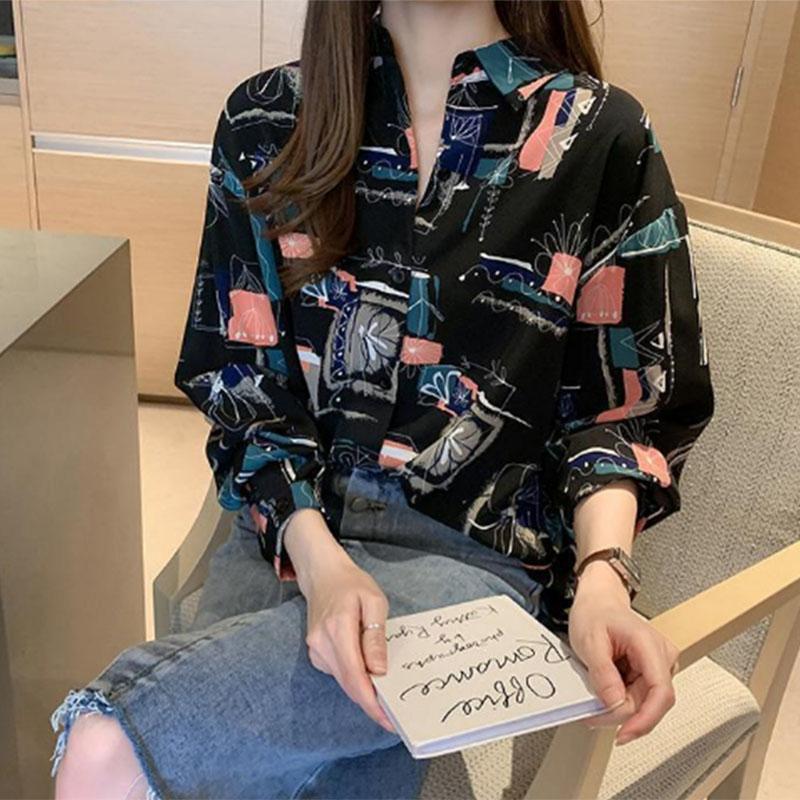Skjorte Dame Retro Hong Kong Stil Vår og Sommer Stil Koreansk Trykkdesign POLO Krage Nisje Løs Skjorte Dame Topp