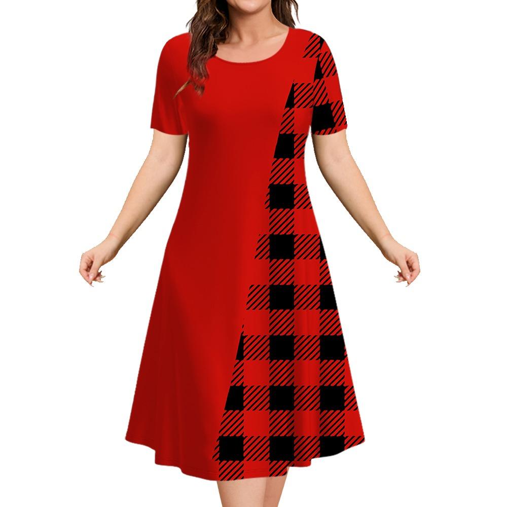 

2025 Летние платья для женщин Лоскутный принт Короткий рукав Женская одежда Свободная юбка А-силуэта Элегантные и красивые женские платья 5XL