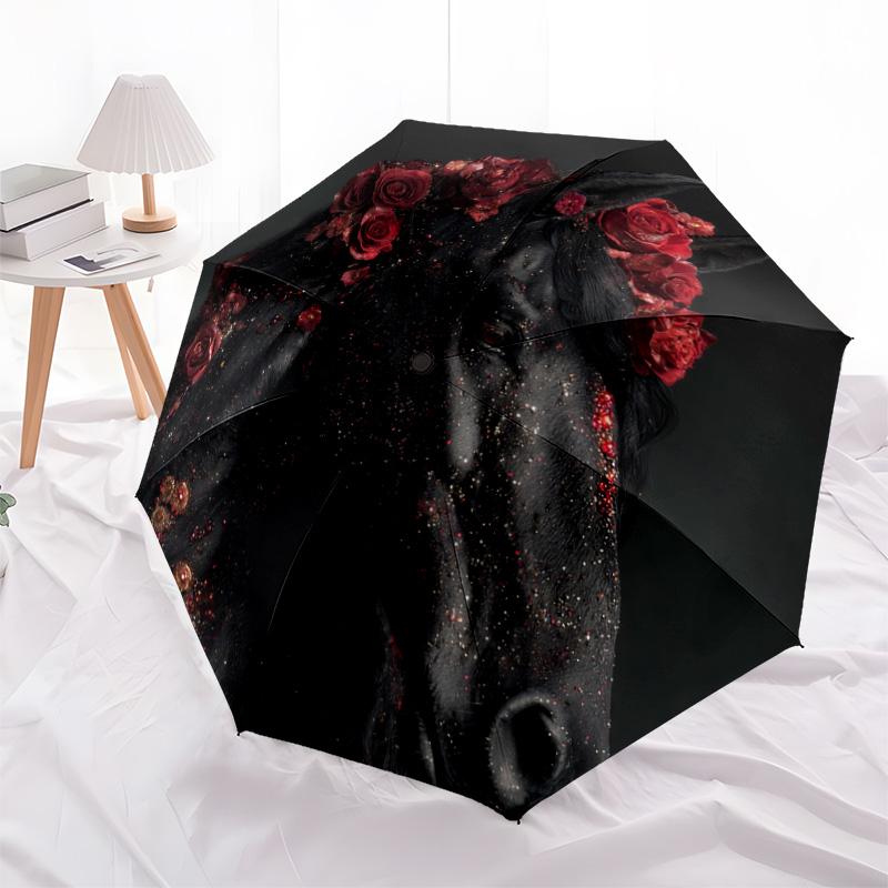 1 PC Automatic Folding Umbrella - Black Horse Pattern, Portable & Foldable Design with 8 Ribs, Christmas Birthday Gifts