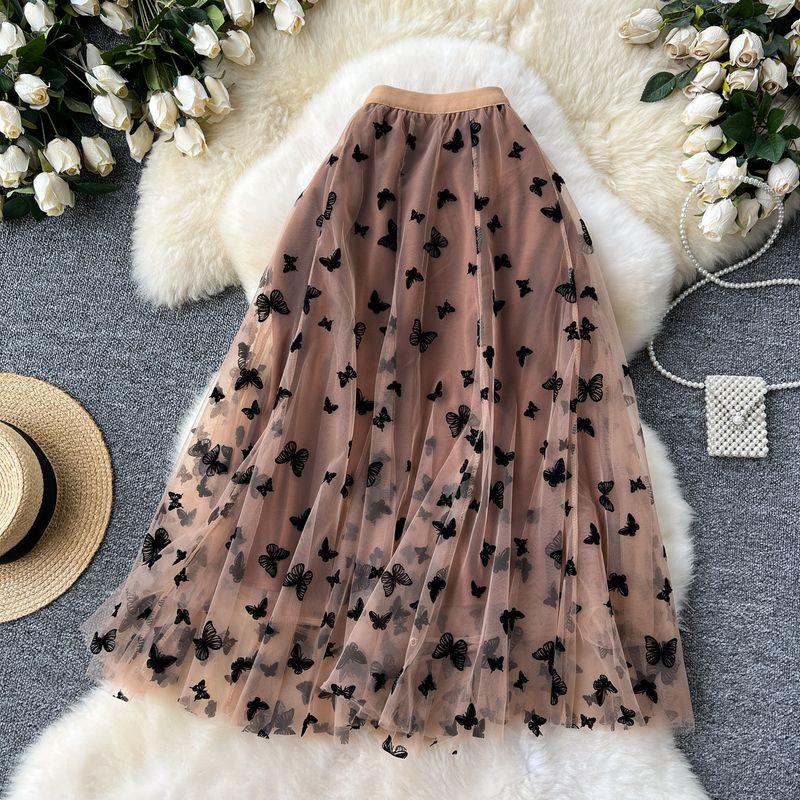 

Super Fairy Mesh Skirt Women s Heavy Industry Butterfly Embroider Fairy Gauze Skirt French High Waist Slim Looking Cover A- line Skirt Coffee All yards
