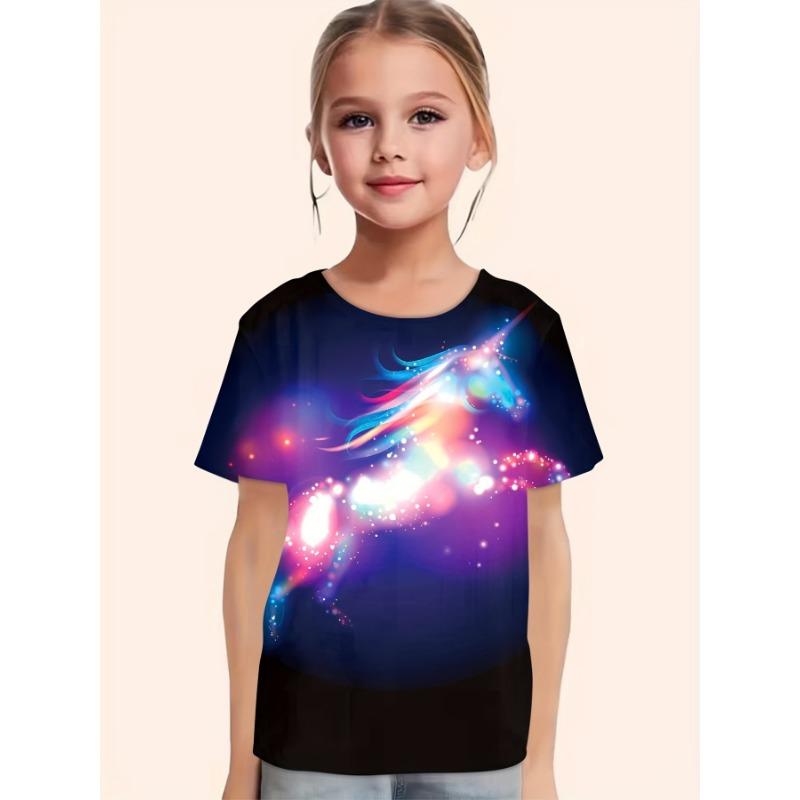 Children's Clothing Girl Clothes Short Sleeve Girl Casual Vintage Horse Print Kids Summer Clothes