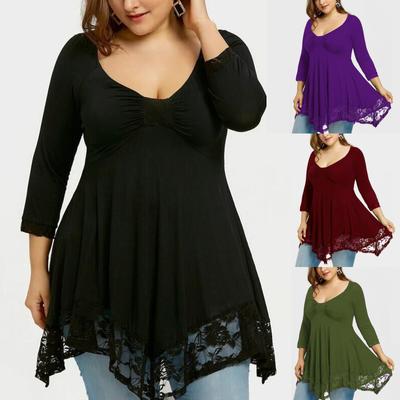 Lässiges, durchsichtiges Oberteil mit langen Ärmeln und unregelmäßiger Spitze für Damen in großen Größen