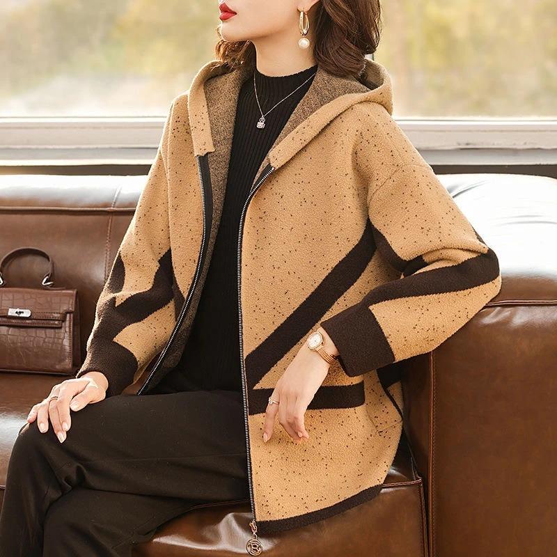 

Женский трикотажный топ с капюшоном на молнии, нового стиля, модный, омолаживающий, двусторонний шерстяной жакет L верблюд