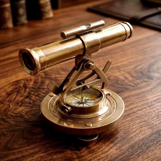 Brass Telescope with Compass Base, Nautical Desk Decor Spyglass