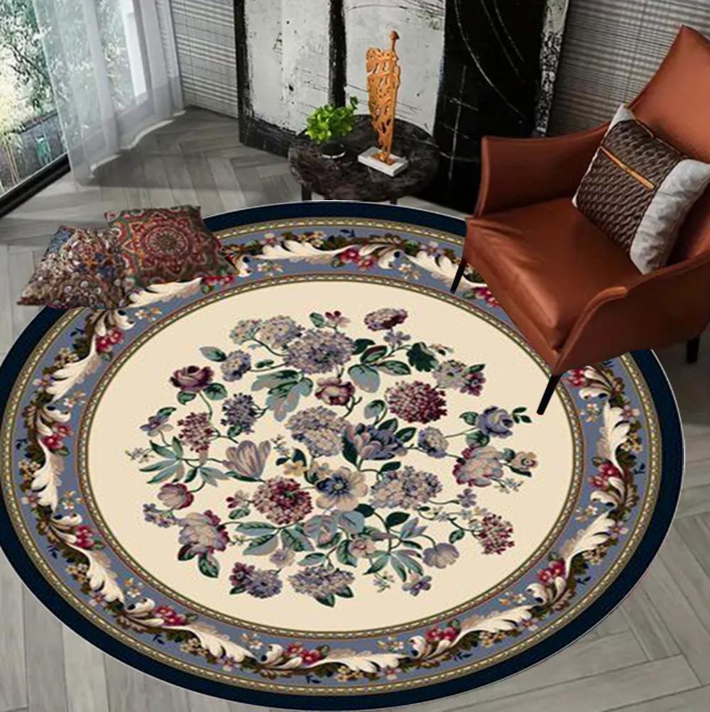 European Vintage Floral Round Carpet Ethnic Style Elegan Home Decor Rug Soft Non-slip Floor Mat for Living Room Bedroom