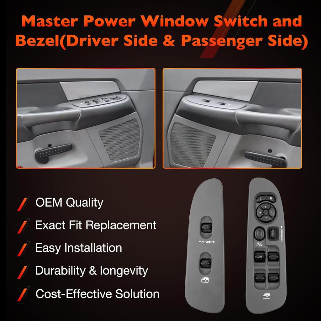 56049805AB Master Power Window Switch And Bezel(Driver & Passenger Side) Compatible With 2002-2009 Dodge Ram1500 2500 3500,2001-2004 Dodge