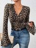 Leopard print layered V-neck puff sleeve bodycon sweater