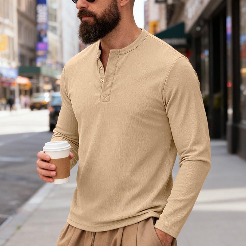 Men s Khaki Textured Henley Neck Long Sleeve Autumn Casual Shirt S хаки