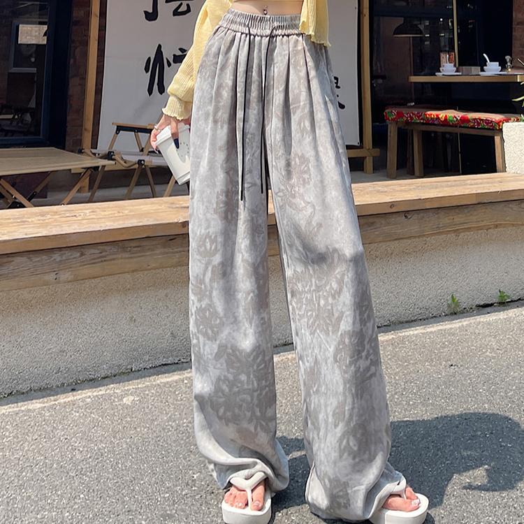 Pantaloni de vară pentru femei cu imprimeu vintage, talie înaltă, cu șireturi, pantaloni largi cu buzunar pentru fete