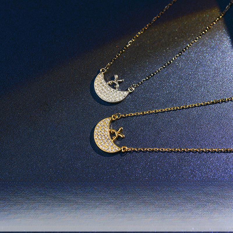 Voll Diamant Mondelfen Halskette Mondschiff Hase Schlüsselbeinkette Niedliches Tier Ornament Weiblich