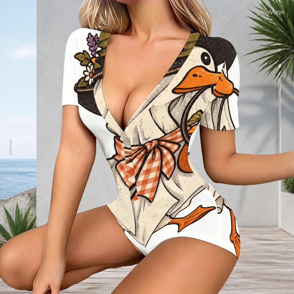Women Plus Size V Neck Short Sleeve Halloween Printed Button Front Fitted Short Romper