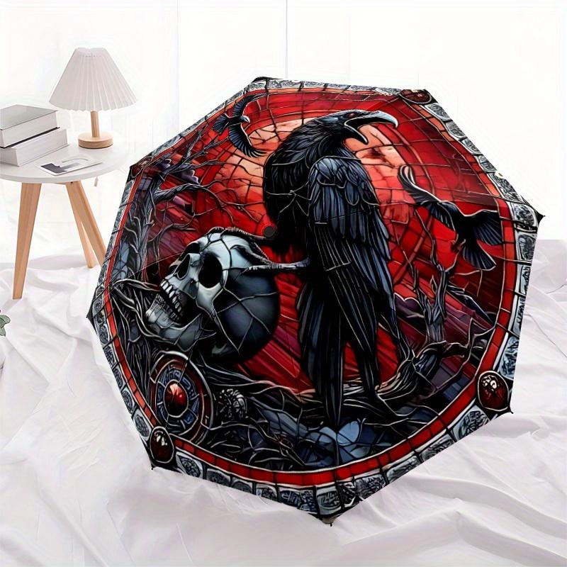 1pc Raven Skull Stained Glass Automatic Open/close Folding Umbrella, Compact Portable Travel Umbrella, Perfect Birthday/Christmas, Cute Umbr