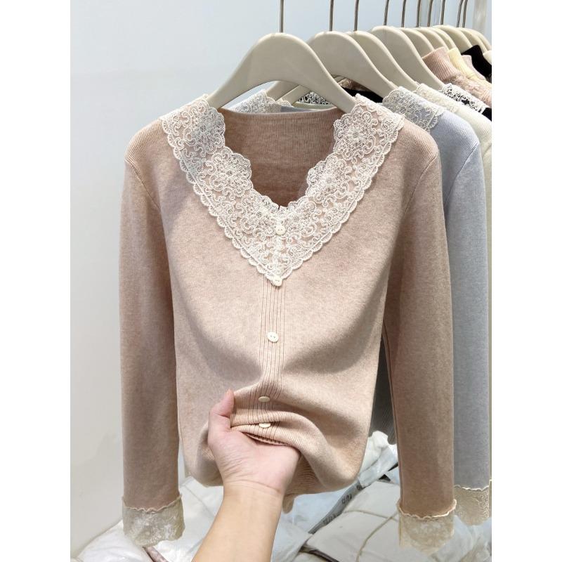 Design lace collar knitted bottoming shirt women's spring button-up top soft waxy sweater