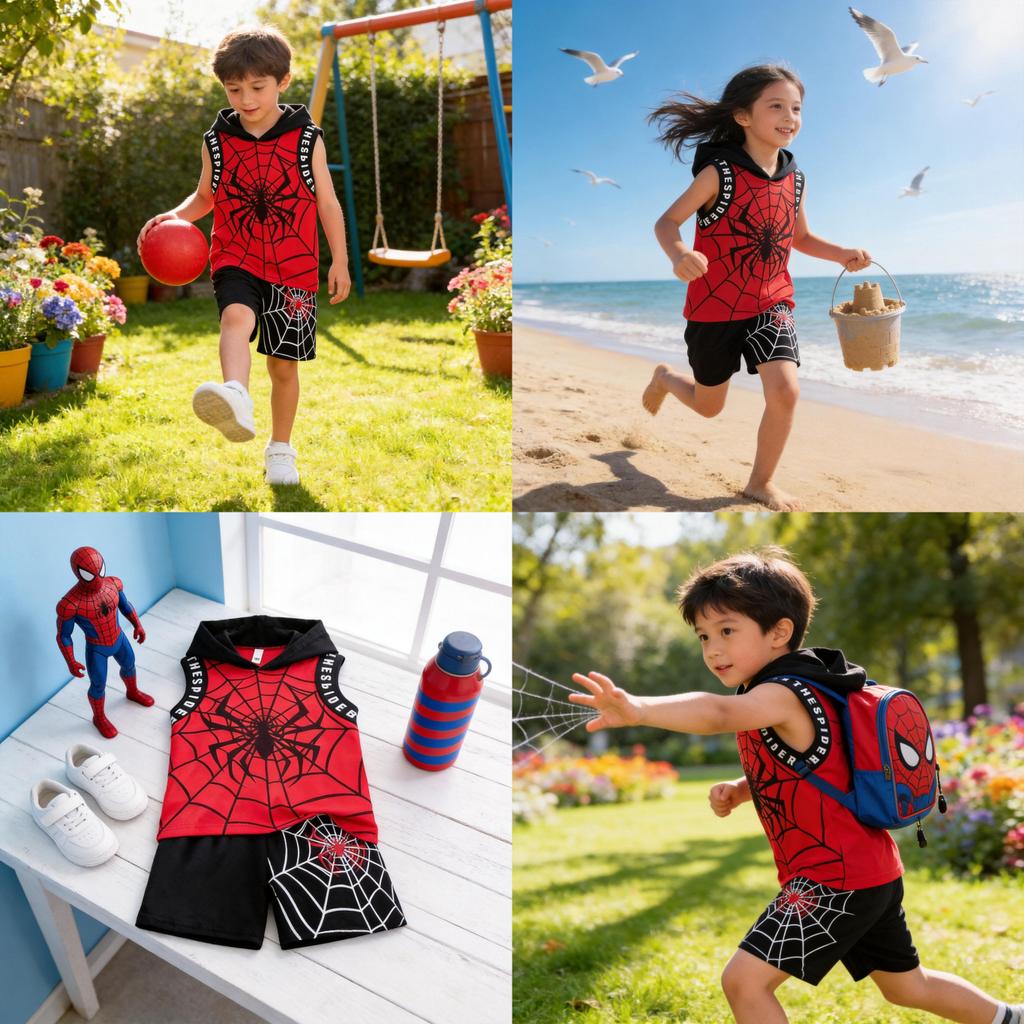 Spiderman Kinder Kurzarm Zweiteiler Set Mit Kapuzenpullover Baumwolle Sommer Outfit Für Kinder