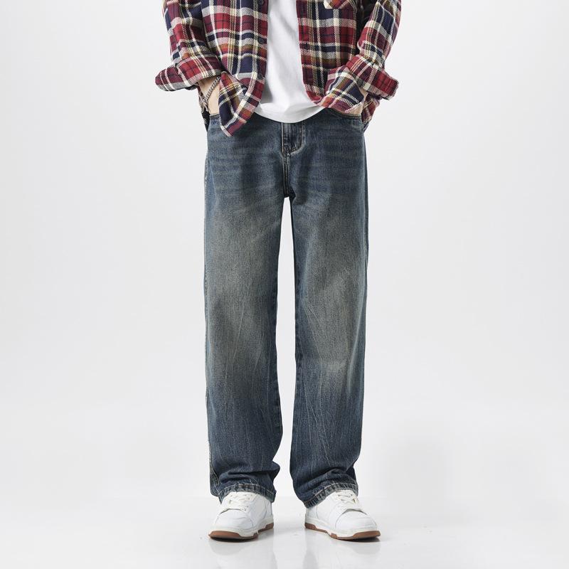 American high street washed jeans men's versatile vie style loose straight trousers trendy wide-leg trousers denim