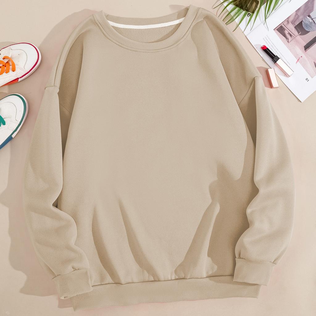 Spring Casual Hoodie Jacket Fleece Lined Loose Solid Round Neck Pullover Womenswear
