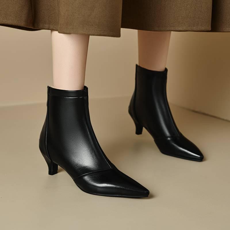 Korean Version of Mid-heel Back Zipper Women's Fashion Shoes Solid Color Pointed-toed Stiletto Mid-tube Boots Autumn and Winter Patent Leather Fashi