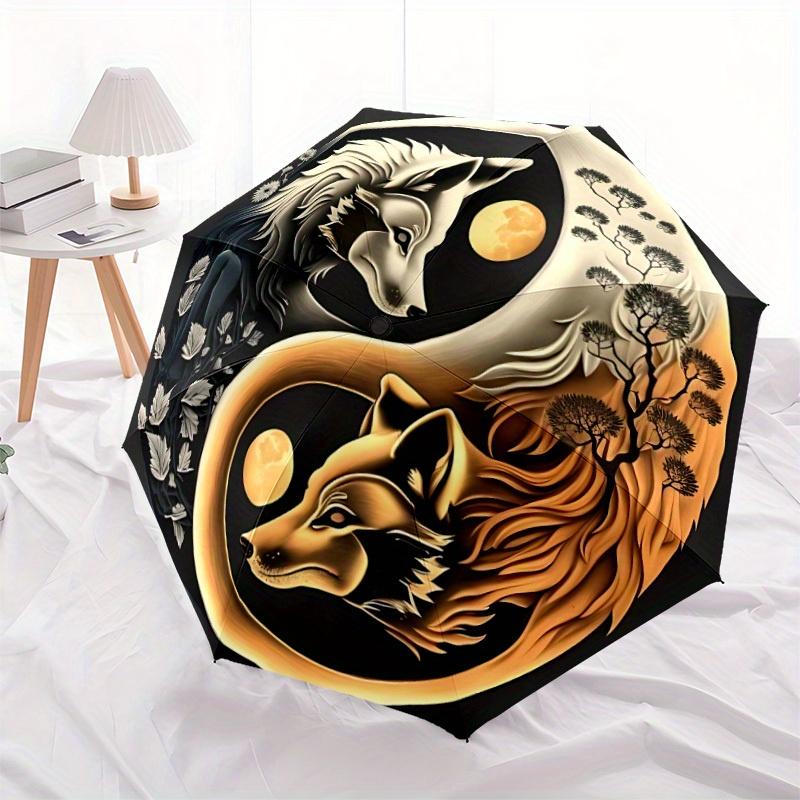 1pc Wolf Moon Compact Travel Umbrella, Automatic Folding Lightweight Windproof 8-Bone Reinforced Design, Portable for Backpack Durable Canop
