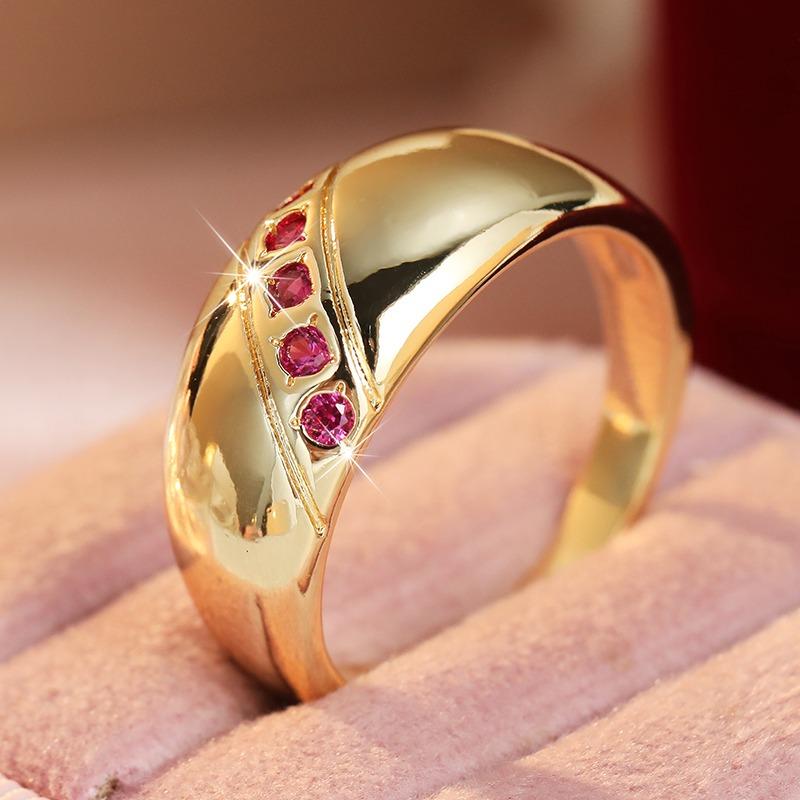Vintage Inlaid Red CZ Women's Ring Classic Gold Color Geometry Daily Wear Party Jewelry Anniversary Gift