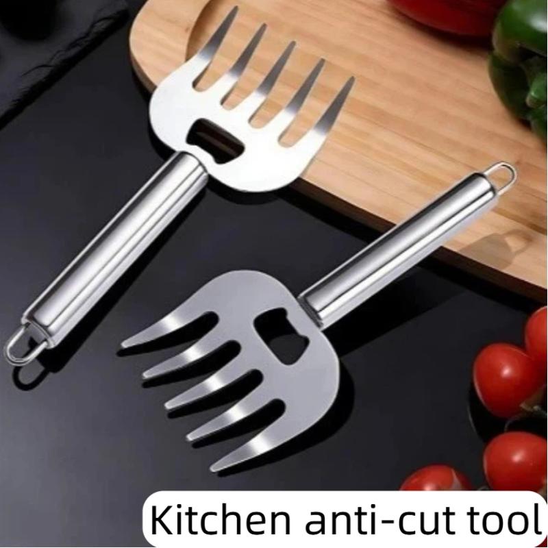 1/2 Pièces Coupe-Viande en Acier Inoxydable Protecteur de Doigt Fourchette à Viande de Cuisine Manche en Bois Manche Long Griffes Outil de Grillade Barbecue