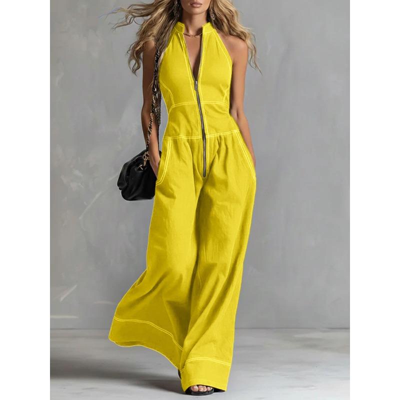 TIFICY Women's Fashion Casual Summer Spring Solid Color Print Sleeveless V-Neck High Waist Trousers Jumpsuits & Rompers
