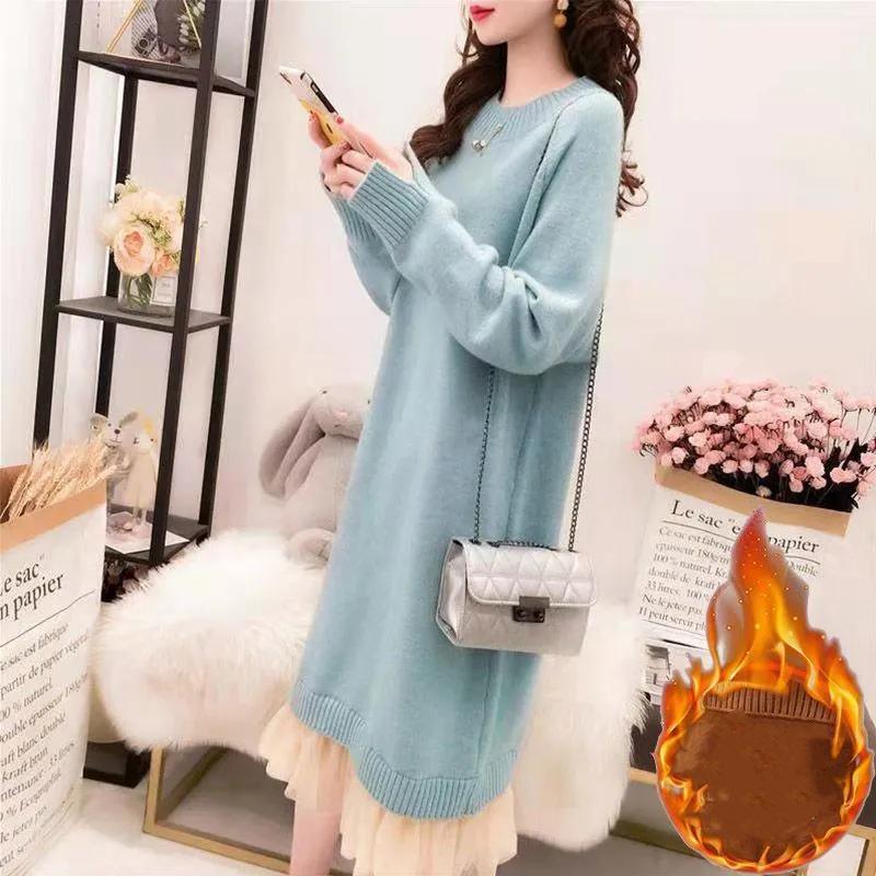 

Женский осенний однотонный свитер средней длины, нежный, свободный, трикотажная базовая рубашка с длинными рукавами и круглым вырезом M