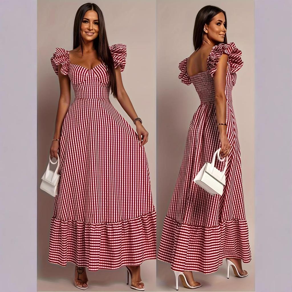 Women's Retro French Plaid Short-sleeved Dress with Ruffle Edge, Waist and Thin Dress