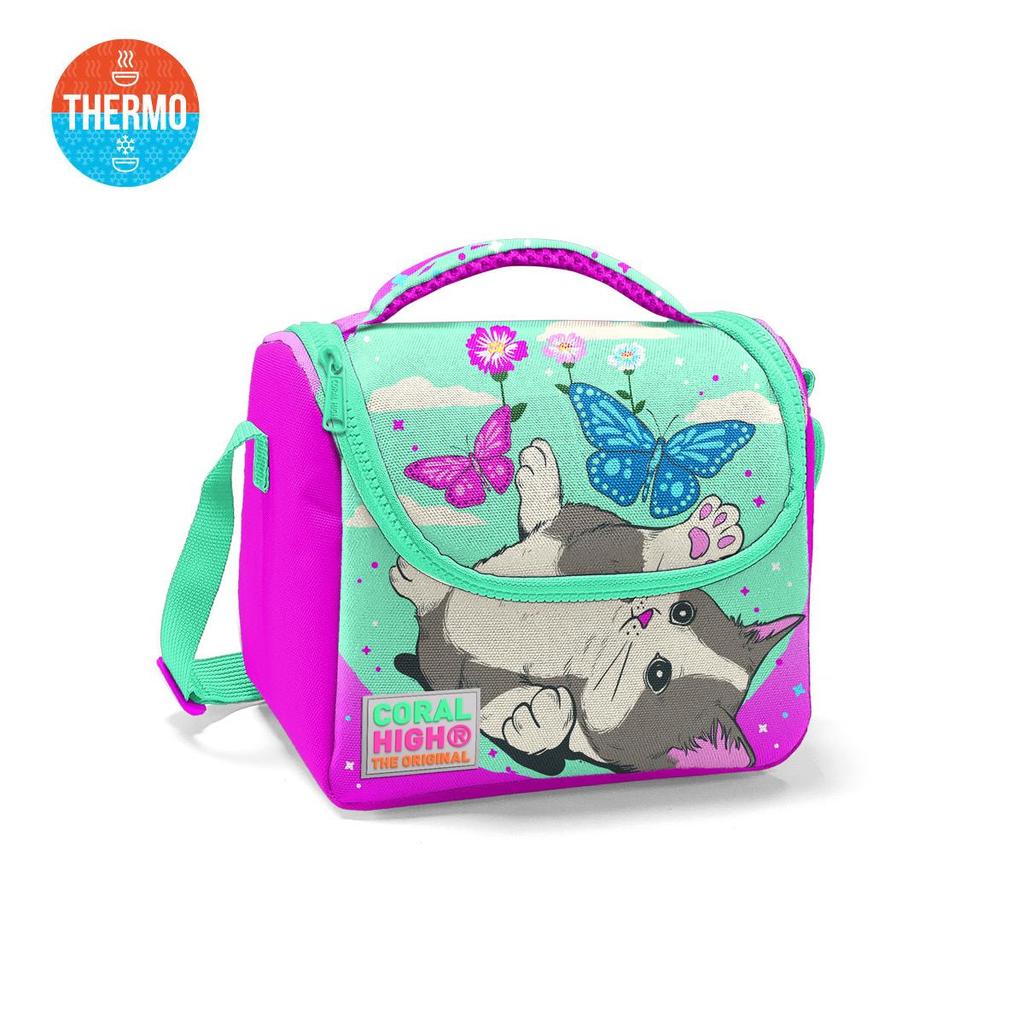 Coral High Kids Aqua Green Pink Cat Pattern Thermo Lunch Bag11707