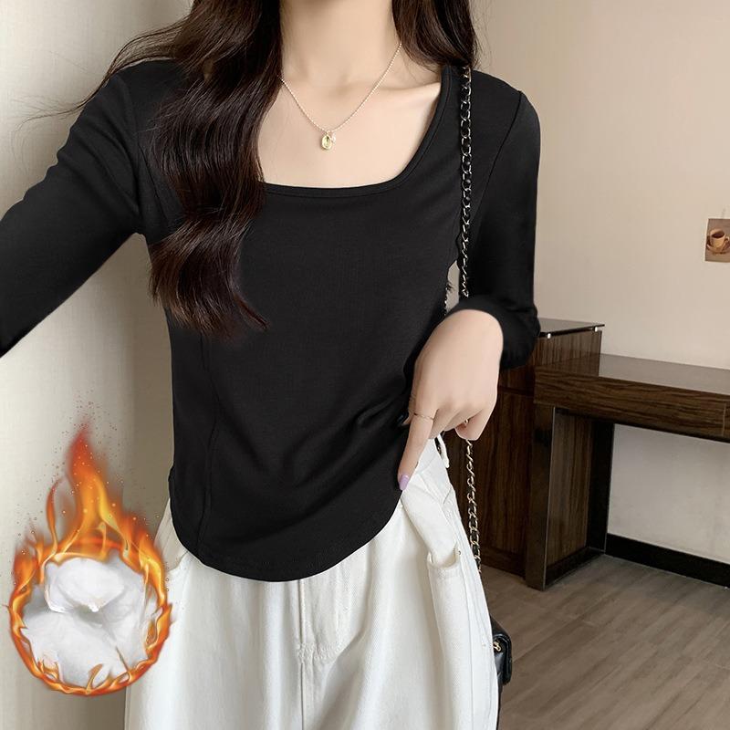 Women's Long Sleeve T-Shirt with Right Shoulder Fishbone Waist Slim Fit Square Neckline and Curved Hem Design Base Layer Top for Autumn and Winter
