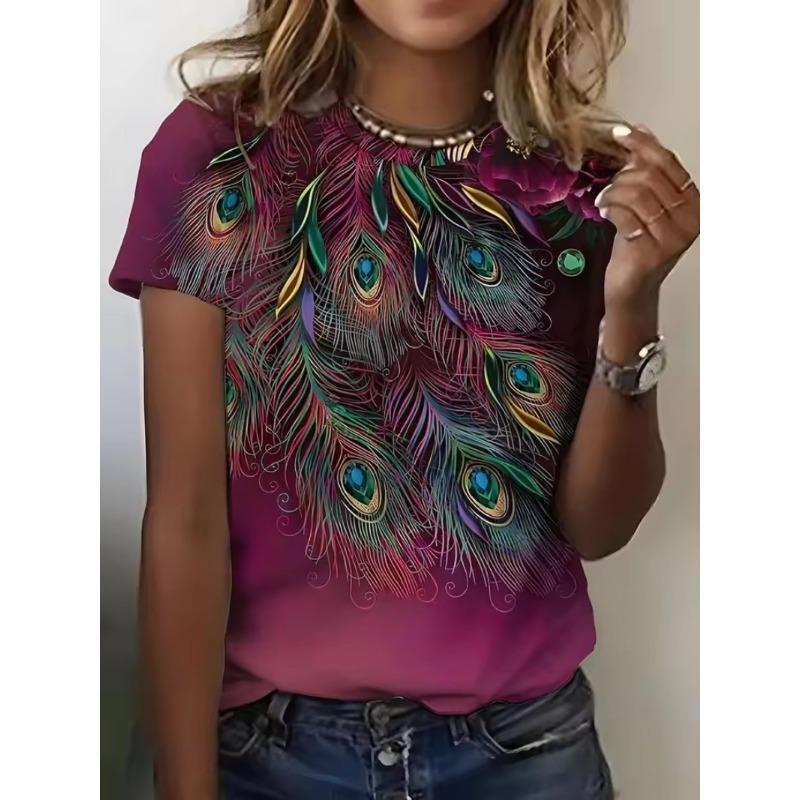 

Women s T-shirt Gradient Pattern Feather Casual Short Sleeves Crew Neck Regular Tops Daily Out Weekend Print Grass Green Sage XS
