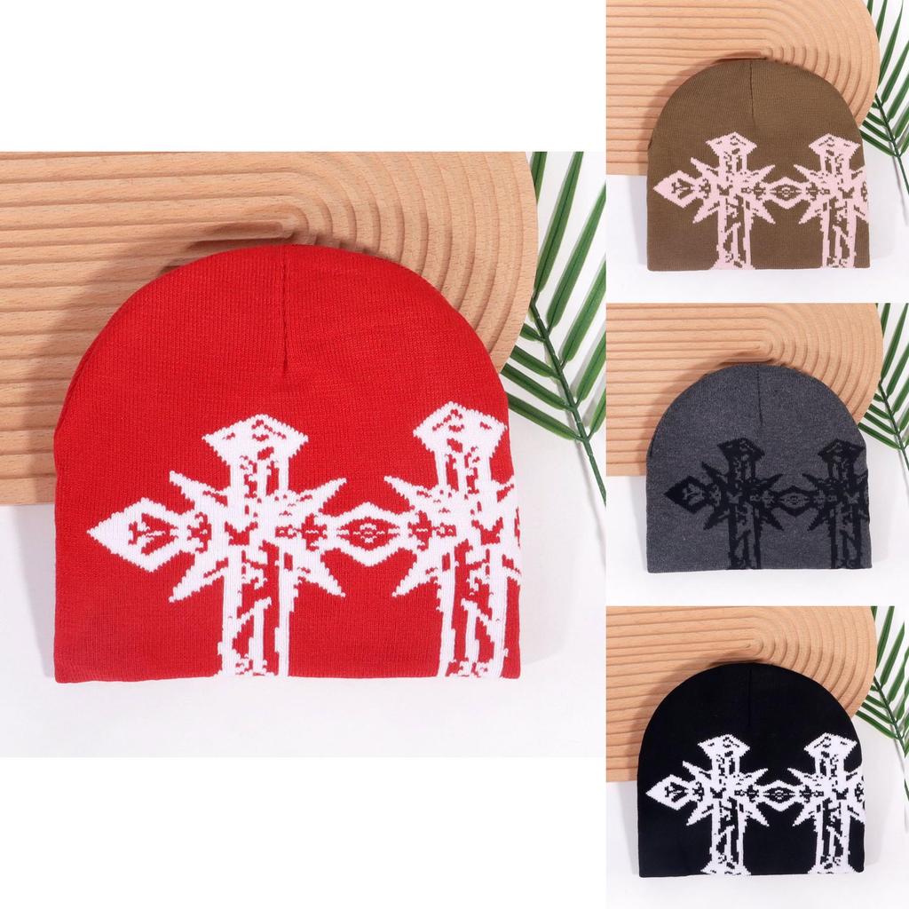 Gothic Cross Pattern Acrylic Knit Hat With Warmth For Street Fashion In Winter