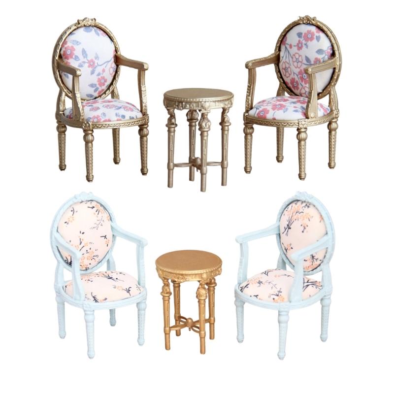 1/12 Scale Wooden Dollhouses Furniture Set Mini Wooden Table And Chair For Kids Floral Pattern