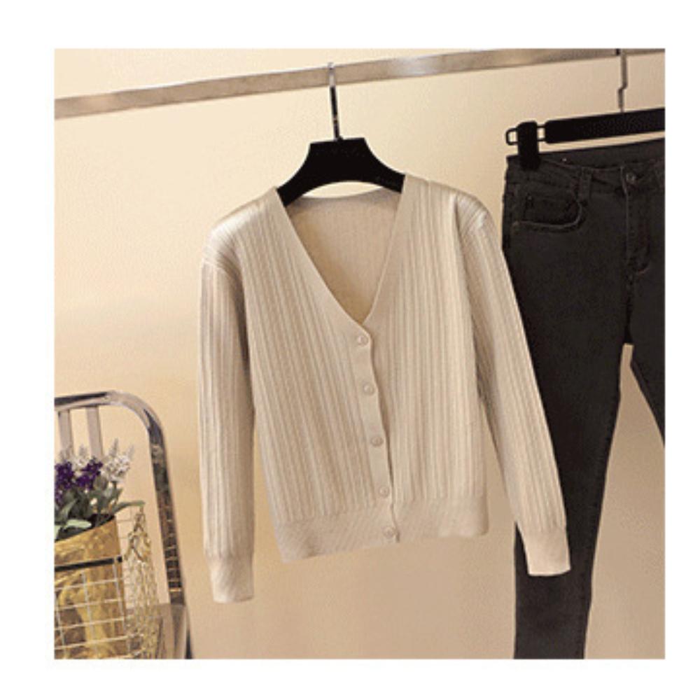 

Вязаный кардиган женский тонкий свободный и ленивый летний и осенний верхняя одежда с длинными рукавами V-образный вырез свитер M-XL