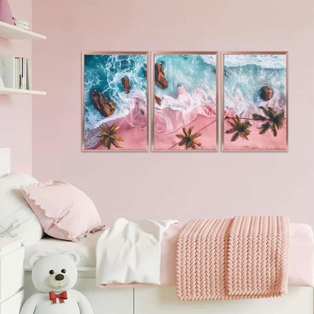 3Pcs Pink Beach Canvas Wall Art Tropical Coastal Palm Trees Wall Decor Pictures Preppy Ocean Wave Landscape Posters Prints for Living Room Bedroom