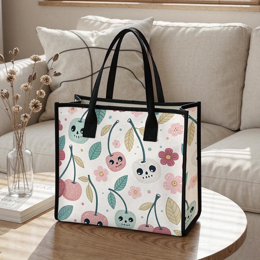 Cute Cartoon Cherry Printed Tote Bag for Daily Casual Shopping Portable Lightweight Women Handbag