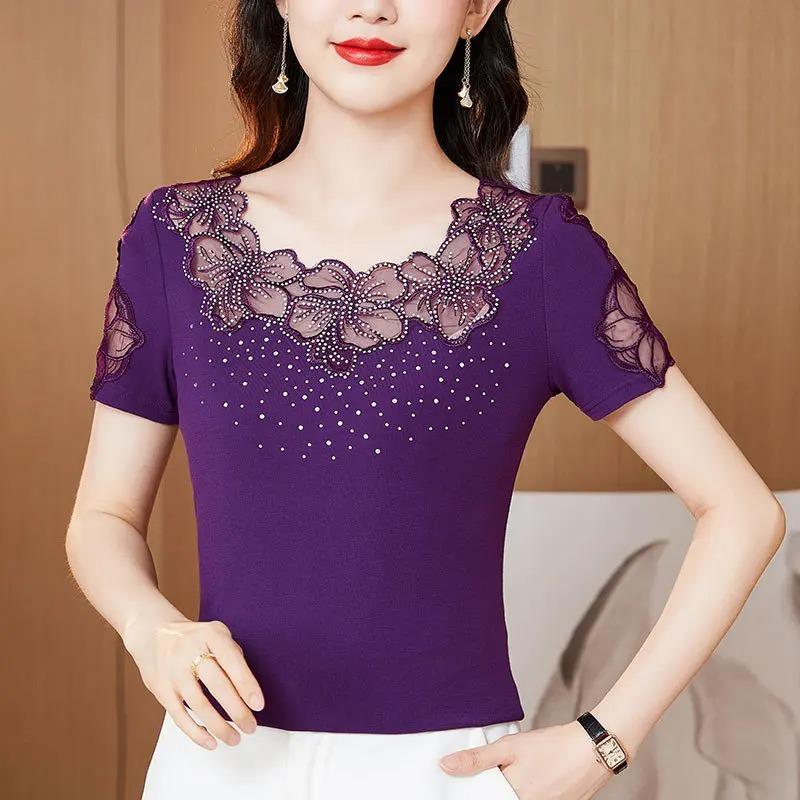 Summer Short Sleeved O Neck Women's T Shirt Elegant Slim Sexy Hollow Out Tees Drilling Mesh Lace