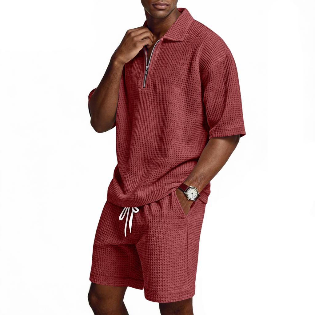 Men's Summer -color Quarter-zip Casual Loose Short-sleeved Short Pants Set