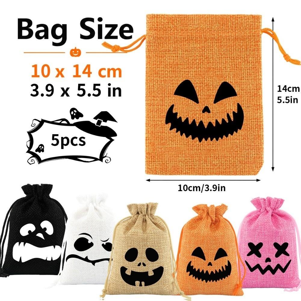 5Pcs Reusable Halloween Candy Bags Linen Halloween Gift Bags Spooky Face Pouches Trick or Treat