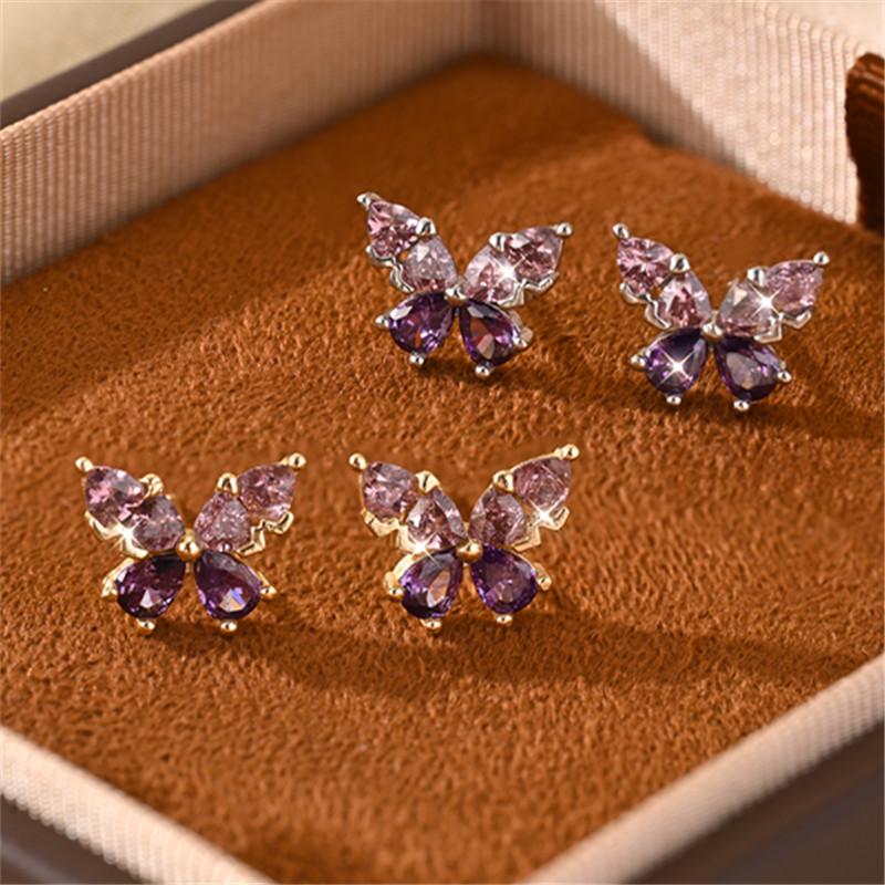 9925 Sterling Silver Exquisite Purple Zircon Butterfly Earrings for Women French Romantic Wedding Accessories Gift