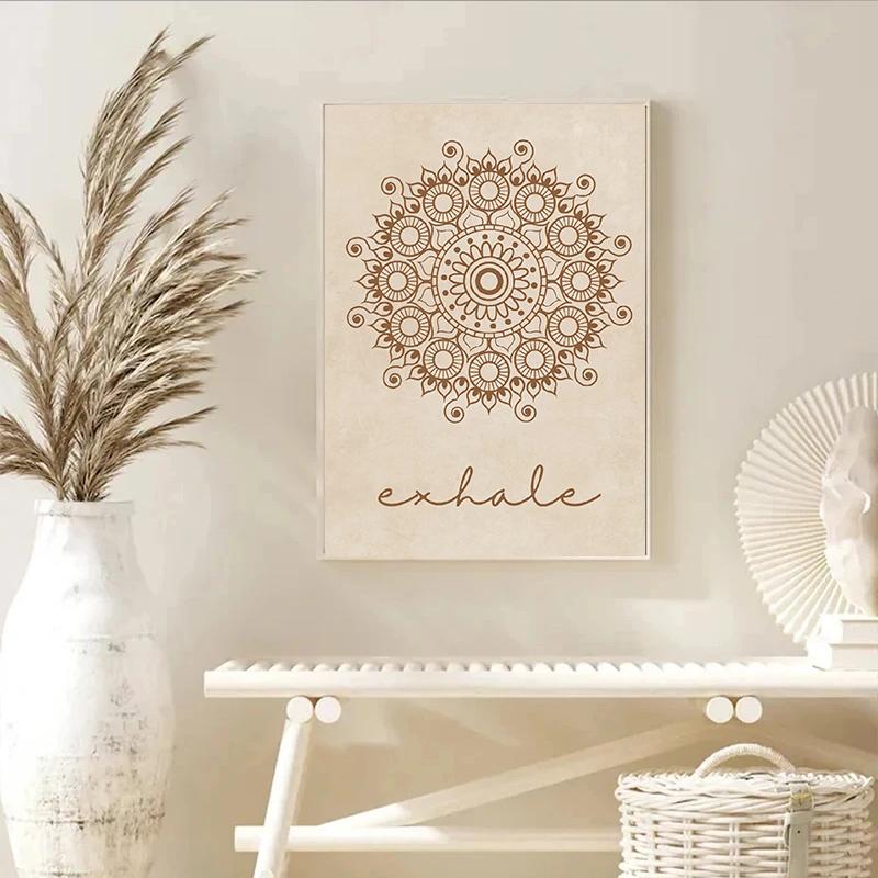 Abstract Mandala Wall Art Yoga Beige Bohemia Prints Inhale Exhale Canvas Painting Posters Line Flower Pictures Living Room